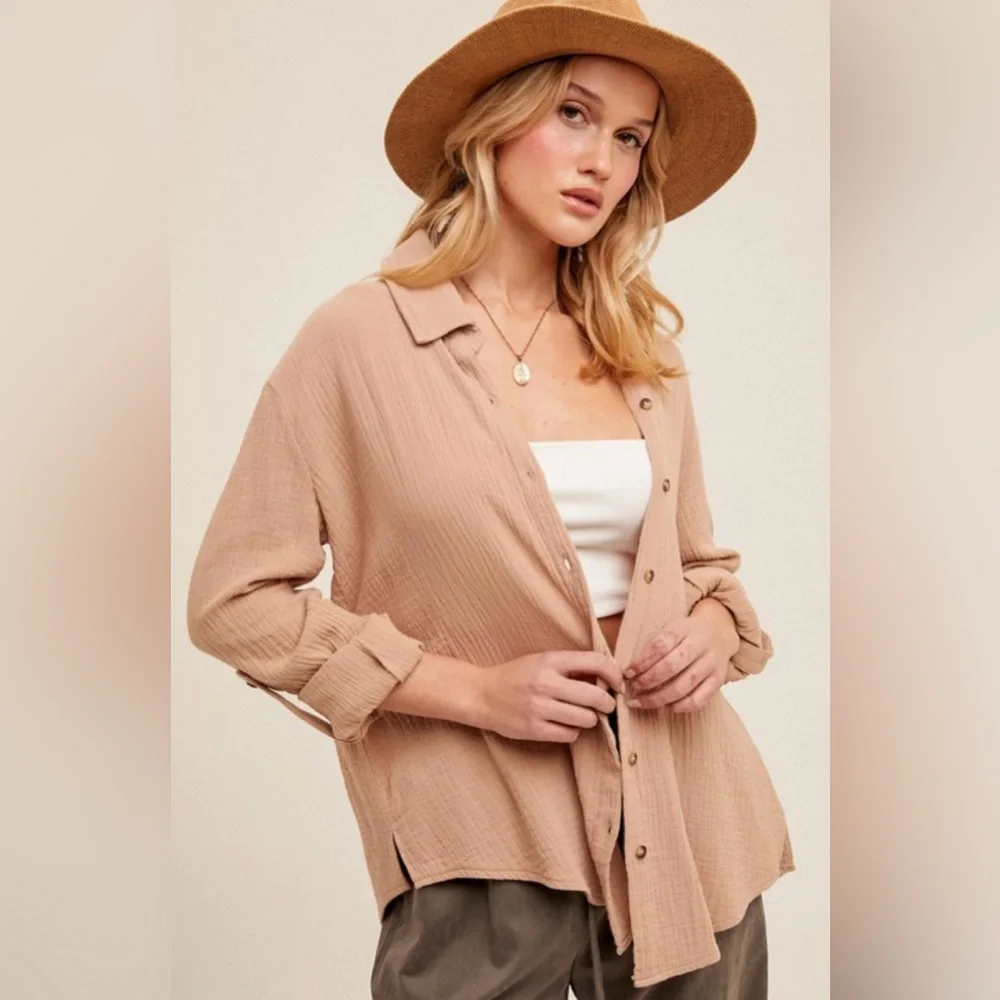 #H1 Crinkle Gauze Button Down Shirt 🤎 - Picture 2 of 4